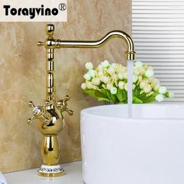 Bathroom Sink Faucets Torayvino Basin Faucet Golden Finish Deck Mounted Dual Handle Single Hole Cold Water Tap