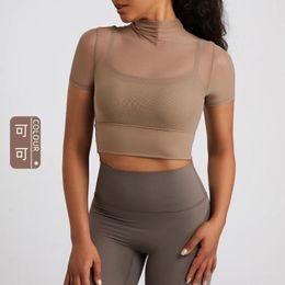 Active Shirts 2024 Yoga Suit Mesh Short Sleeved Women's Sports Breathable Hollow One Piece T-shirt Running Fitness Top