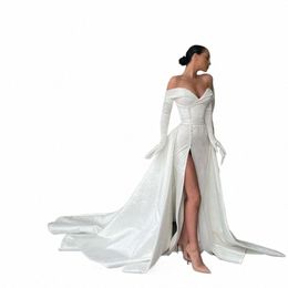 custom Made White Ivory Satin Lg Wedding Dres With Detachable Train Off Shoulder High Slit Butts Gloves Evening Gowns W1nQ#