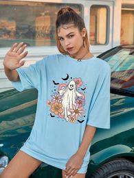 Vintage Floral Ghost Halloween Oversized TShirt Colorful flowers Holiday funny loose tshirt Women fashion causal aesthetic Top 240329