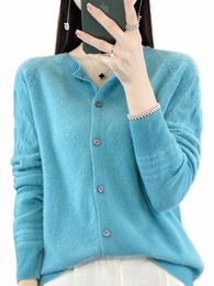 autumn Winter Women O-neck Grace Cardigan 100% Merino Wool Sweater Hollow Lg-sleeve Cmere Knitwear Female Clothing Tops 18wI#
