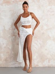 Skirts Womens Summer 2 Piece Sets Y2k Floral Lace Halter Neck Camisole Tank Top And High Waist Long Skirt With Slit