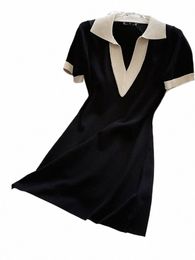 polo Collar Short-sleeved Knitted Black Dr Summer New Hit Color Straight Loose V-neck T-shirt Short Skirt Base Layer Shirt f4pN#