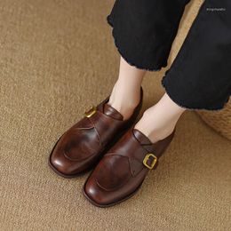 Casual Shoes Spring Women Retro Flats Slip On French Style Ladies Cowhide Buckle Loafers Vingtage Simple