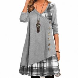 women's Lg Sleeve Butt Check Patchwork Dr Ladies V Neck A-Line Casual Night Gown Plus Size Clothing 2024 D1qS#