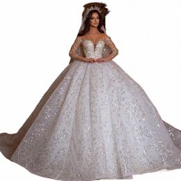 Luxus Ballkleid Royal Glitter Hochzeit Dres 2024 Schatz LG Sleeve Robe de Mariee Spitzen -Pailletten -Glitzer Braut Dres L5Y9#