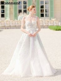Elegant Sweetheart Appliques Lace A-Line Wedding Dresses Sleeveless 3D Flowers Bow Bridal Gowns