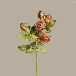 Decorative Flowers Artificial Rose Realistic Flower Branch With Burnt Edge Green Leaves For Home Wedding Party Decor Reusable Faux