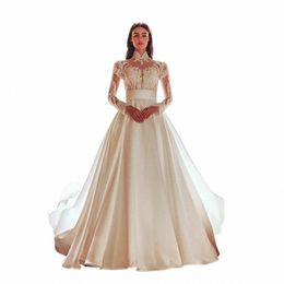 sodigne Elegant Lg Sleeves Wedding Dres Dubai Lace Appliques High Neck Bridal Dres A line Satin Bride Gowns Plus Size r2l3#
