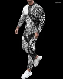 Men's Tracksuits Springtime 2024 3D Printed Animal Graffiti Crew-neck Long Sleeve Pants T-shirt Set Suit