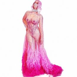 nude Gauze Perspective Shining Pink Rhinestes Sexy Lg Folds Dr For Women Evening Party Clothing Ballroom Stage Costumes e9t0#