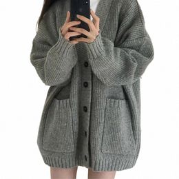 autumn Grey Women Knitted Cardigan Korean Oversize Pocket V Neck Single Breasted Jumper Casual Loose Preppy All Match Sweater l2vb#