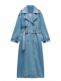 rr2418 X-Lg Denim Trench Coats For Women Belt On Waist Slim Jean Coats Ladies Jaqueta Feminina Blue Jean Jacket Woman W2m7#