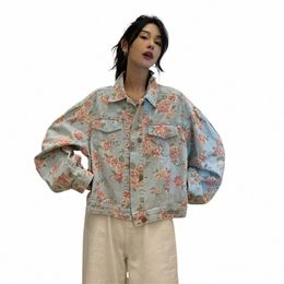 denim Jacket Women Floral Retro Printing Luxury Coat Spring Short Style 2023 Fr Print Denim Jacket Loose Ultrort Jacket K9CM#