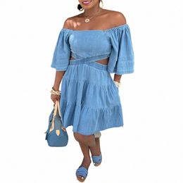 plus Size Blue Daily Denim Off Shoulder Hold Out With Pocket Midi Dres 25C4#