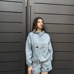 Women's tracksuit Designer Spring Hooded Zipper Blue Sweatshirt Elastic Shorts Triangle Label Nylon Suit