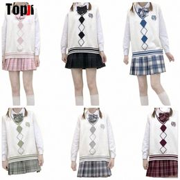 japanese JK uniform knitted vest school Uniform CardigansJapanese girl uniform student embroidery sweater pleated skirt tie set s1ts#