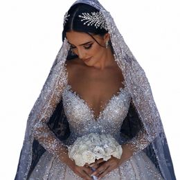 modest O-neck Lg Sleeve Bride Dr Sparkly Sequins Wedding Gown 2024 Dubai Luxury Ball Gown Lg Bride Robe Vestido De Novia b74W#