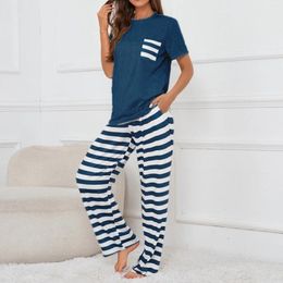 Home Clothing Women Pajamas Set Short Sleeve Tops&Long Pants 2 Pieces Front V Neck Button Down Tee With Plaid Sleepwear Loungewear Suit