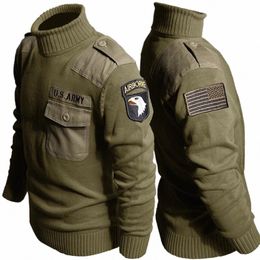 tactical Turtleneck Sweater Men Vintage Airborne Knitted Pullover US Army Special Force 100% Cott Patch Jersey Jumper B1XD#