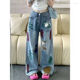 Women's Jeans Deeptown Korean Baggy Ripped Women Vintage Y2k Streetwear Painted Denim Trousers Straight High Waist Wide Leg Pants Female