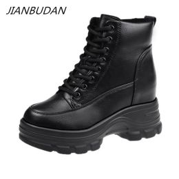 Boots JIANBUDAN Outdoor Casual High top sneakers Waterproof winter Female snow Boots Women's platform wedge PU Leather Cotton shoes