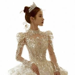 wedding Dr Bridal dres gala Bride veil Lg Sleeve shimmering shining sequin trailing FrenchLuxury Dinner gown H920 T0jF#