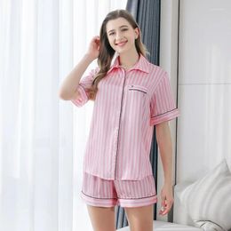 Home Clothing 2 Pieces Set Pajamas For Women Striped Fashion Elegant Heart Sleepwear Satin Silk Short Sets Pjs Sleeping Lounge Wear Suit