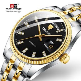 Tevise Men Luxury Golden Automatic Mechanical Watch Men Stainless steel Date Business Wristwatch Relogio Masculino292s