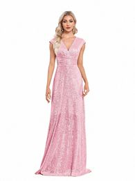 xuibol Elegant V-neck Mermaid Sequin Evening Dres Lg 2024 luxury Pink Wedding Party Prom Bridesmaid Cocktail Dr Gown U4A1#