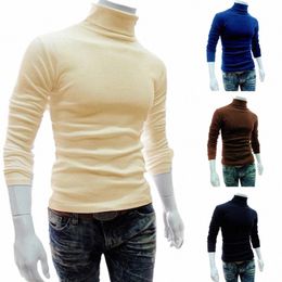 spring Autumn Winter Men Slim Turtleneck Sweater Lg Sleeve Top Pullover Warm Stretch Knitted Sweater High-neck Bottoming Shirt e50p#