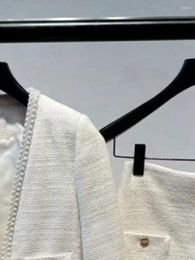 Work Dresses Women Tweed Set Pearl Decoration V-Neck Long Sleeve Elegant Jacket Or A-Line Spring 2024 Mini Skirt