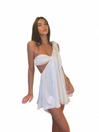 women Sexy One Shoulder Lace Up Mini Dr Fi Hollow Out Sleevel A-line Dres 2024 Summer Lady Chic Beach Holiday Robe L3U6#