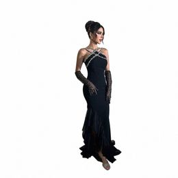 verngo Mermaid Black Arabic Dubai Prom Dr Sleevel Glitter Evening Party Gown Satin Formal Ocn Dr without Gloves B7K4#