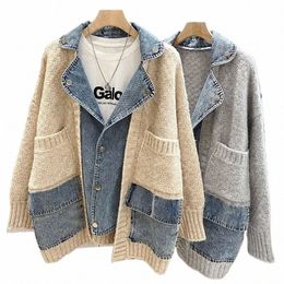 autumn Winter Women Splicing Denim Jacket Arrivals Stitched Loose Thickened Knitted Sweater Coat Lg Sleeve Cardigan Top d5SE#