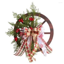 Decorative Flowers Christmas Wooden Waggon Wheel Wreath Hangable Ornament Pendant Supplies For Festival Year Party Door Decor B03D