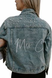 blue Wedding Date Jean Jackets Mrs Customised Text Denim Jacket Persalizar Bride Coats with White Pearls Women'Black Outerwear U8tl#