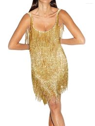 Casual Dresses Women Sequined Glitter Tassels Sleeveless Deep V Neck Slip Spaghetti Strap Bodycon Mini Dress Clubwear