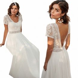 lsyx Chiff V-Neck Boho Wedding Dr For Women 2024 Short Sleeves Floor Length Backl Bridal Gown Robe De Marie Custom Made B0N5#