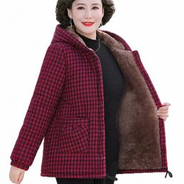 2024 Winter Coat Middle-aged Women Cott-padded Jacket Thicken Fleece Fluff Fur Liner Overcoat Female Hooded Short Warm Coats f9DA#