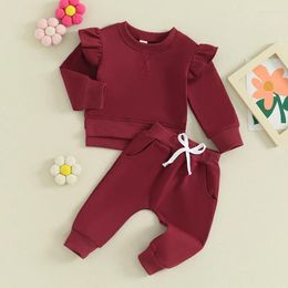 Clothing Sets Toddler Baby Girl Clothes Fall Winter Outfits Solid Colour Ruffle Long Sleeve Crewneck Sweatshirt And Jogger Pants Set