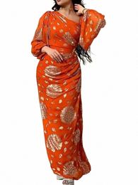 women Sequins Sexy Dr Chiff Lg Sleeve Dance Orange Party Lady Slim Empire Elegant Spring Summer Maxi Dres m650#