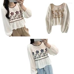 Women's T Shirts Women Hollow Out Crochet Knit Blouses Autumn Long Sleeve Peplum Top Round Neck Casual Loose Pullover