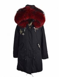 bead Black Parka With Fur Lg Winter Women Wine Red Faux Fur Coat Racco Fur Trim N2rx#