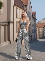 Women's Two Piece Pants Spring Silver Sleeveless Strapless Glitter Set Casual Fashion Party Club Backless Wide Leg Pant Sets Outfits Women