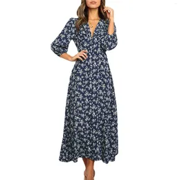 Casual Dresses Womens Long Sleeve Bohemian Floral Maxi Loose High Waist Boho Printed Dress Beach Robe Longue