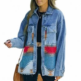 new Autumn Winter AZTEC Fi Women Clothing Denim Jacket Full Sleeve Loose Butt Spliced Cowboy Lapel Wild Casual Streetwear x5Vw#