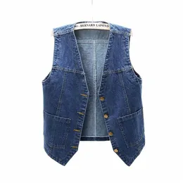 vintage Blue V-Neck Denim Vests Women Single-Breasted Summer Jean Sleevel Jacket Bf Style Basic Waistcoat W Chaleco Mujer a6K9#