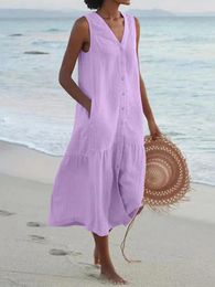 Casual Dresses Cotton Linen Summer Beach Style Thin Dress Loose Women V Neck Mid-Calf Streetwear Patchwork Pocket Sleeveless