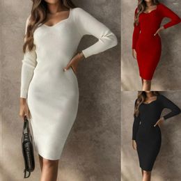 Party Dresses Women's Long Sleeve Square Neck Knitted Dress 2024 Autumn Solid Color Casual Ribbed Slim Elegant Ladies Bodycon Midi